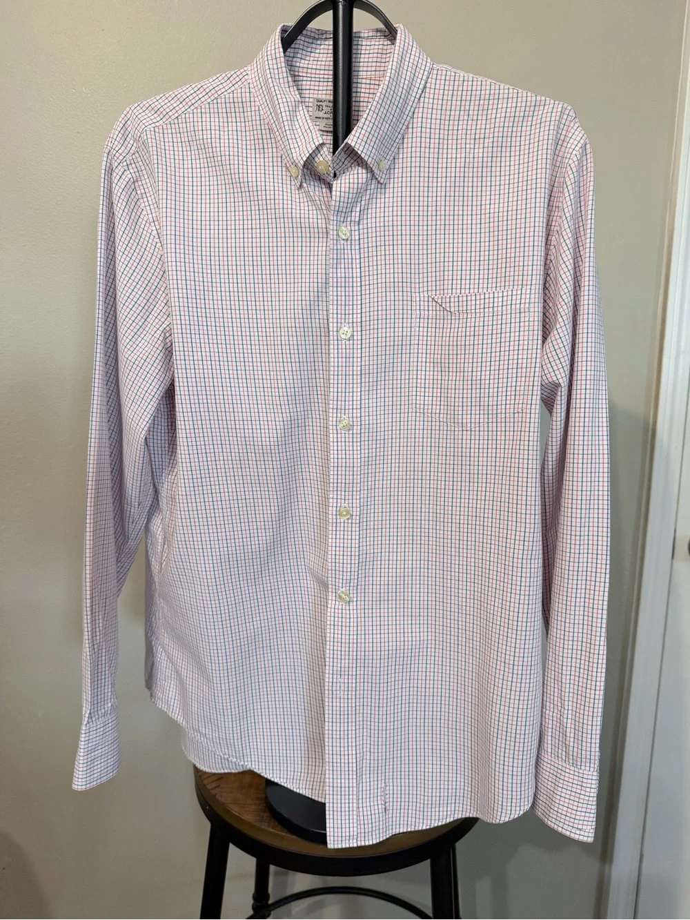 Vintage Tailored by J. Crew Men's Button-Down Shirt in Pink & Blue Windowpane